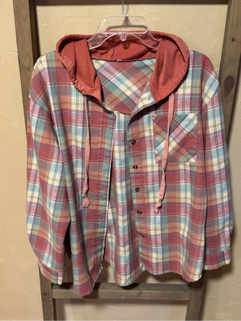 Plaid Hooded Button-Down Shirt - Rose Plaid